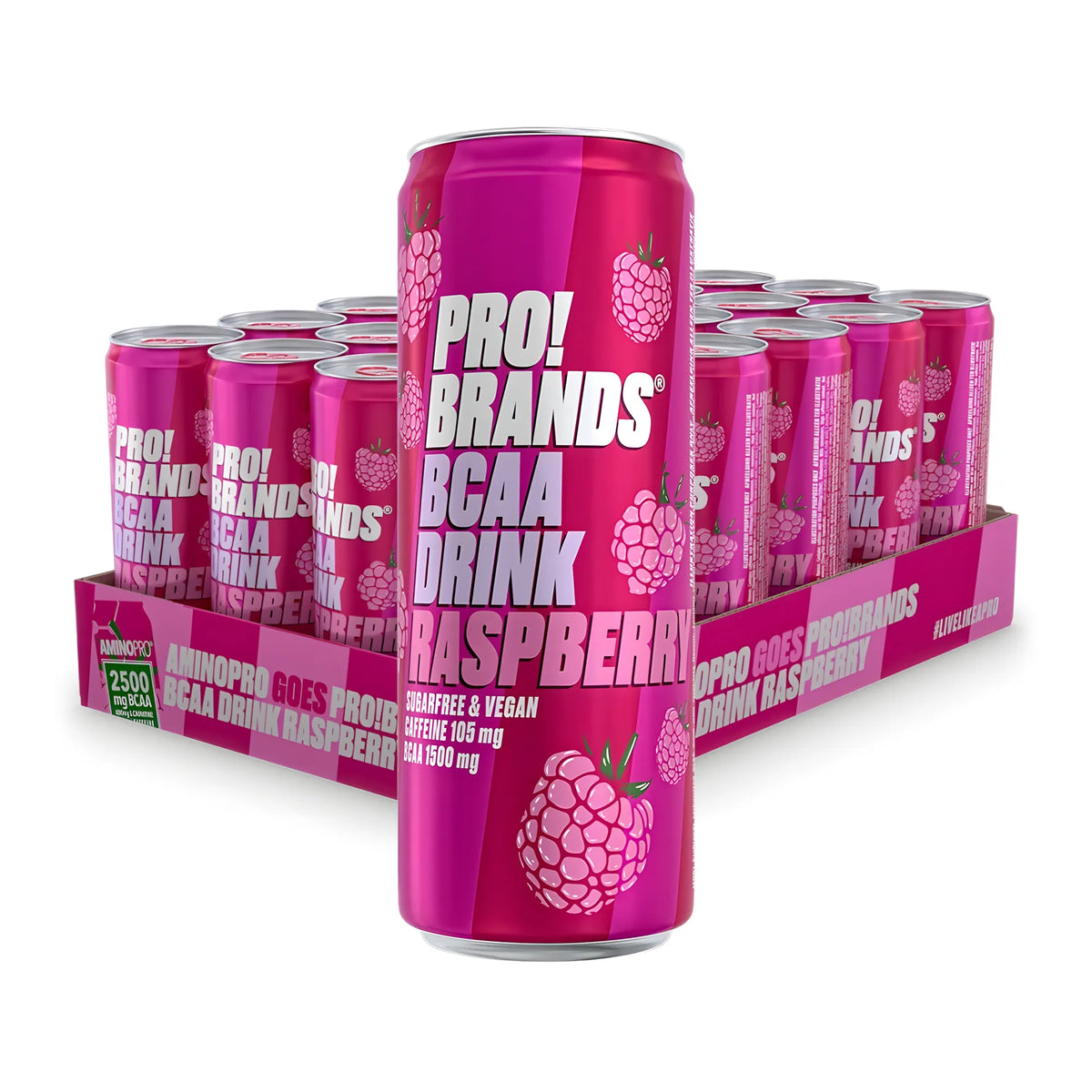 24 x Pro Brands BCAA Drink 330 ml Raspberry violetinpinkissä laatikossa täynnä vadelmanmakuisia tölkkejä., kuva 1/1