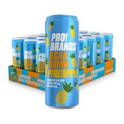 24 x Pro Brands BCAA Drink 330 ml Pineapple i ett orange och turkost flak med ljusblå burkar med ananasmotiv.
