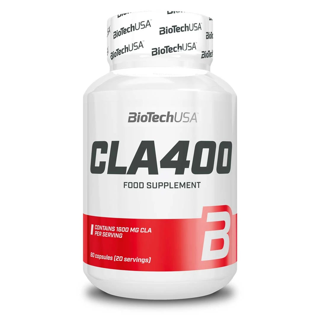 BioTechUSA CLA 400 80 caps -ravintolisä valkoisessa purkissa, jossa on punainen yksityiskohta ja musta teksti., kuva 1/1
