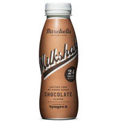 Barebells Milkshake 330 ml proteindryck i en brun flaska med vit kork för smaken Chocolate.