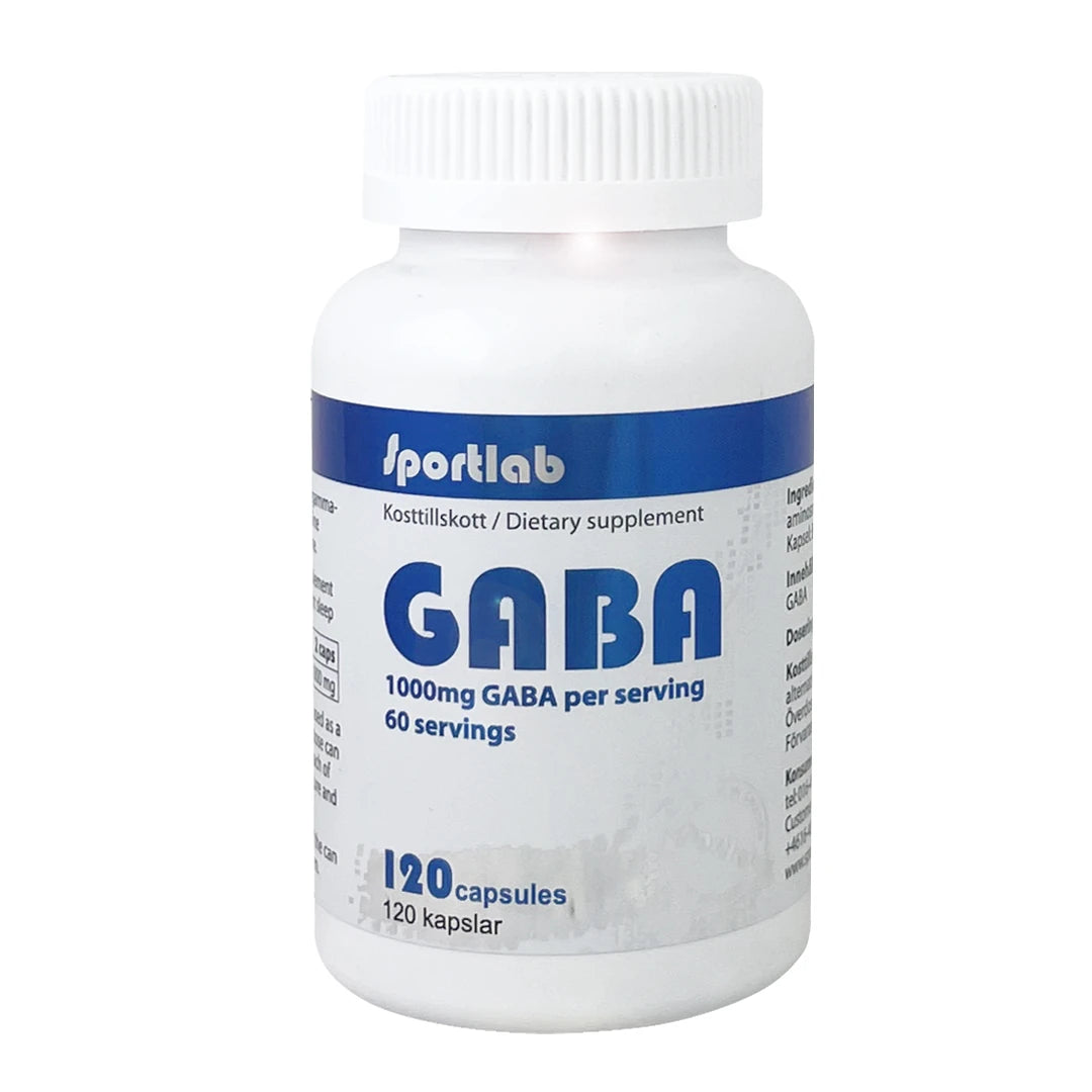 Sportlab GABA 120 caps -ravintolisä valkoisessa purkissa sinisillä yksityiskohdilla, 1000 mg per annos., kuva 1/1