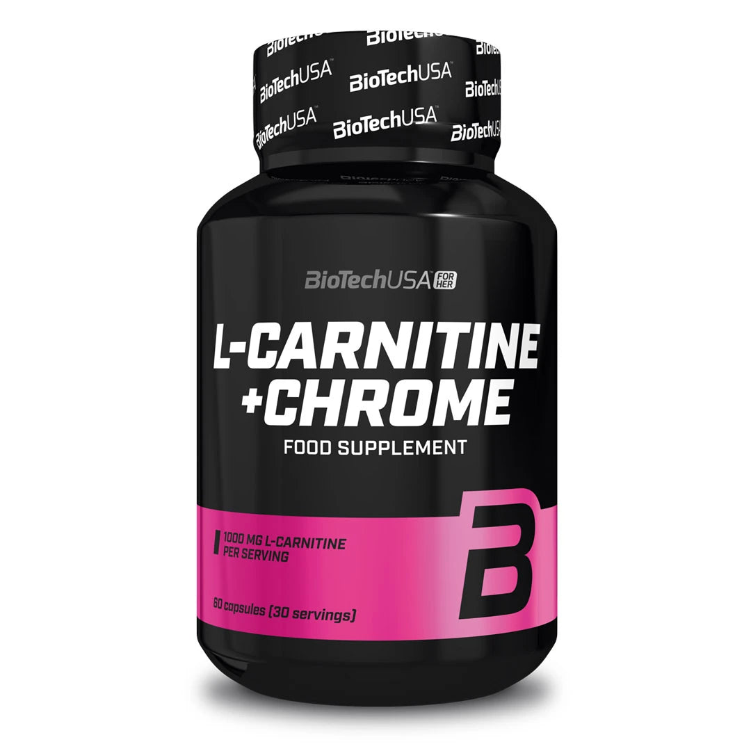 BioTechUSA L-carnitine + Chrome 60 caps -rasvanpolttaja mustassa purkissa vaaleanpunaisilla yksityiskohdilla., kuva 1/1