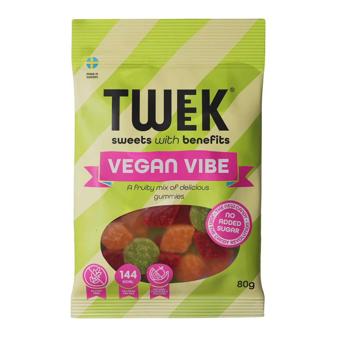 Tweek Sweets 80 g Vegan Vibe -hyytelökarkkeja vaaleanvihreässä pussissa, jonka ikkunasta näkyy värikkäitä paloja., kuva 1/1