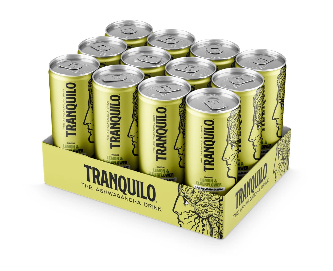 12 x Tranquilo 330 ml Sitruuna/seljankukka keltaisessa laatikossa, jossa on keltaisia tölkkejä ja kasvokuvituksia., kuva 1/1