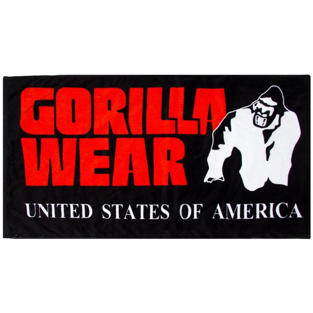 Gorilla Wear Classic Gym Towel Black &amp; Red, musta puuvillafroteinen treenipyyhe suurella punavalkoisella painatuksella., kuva 1/1