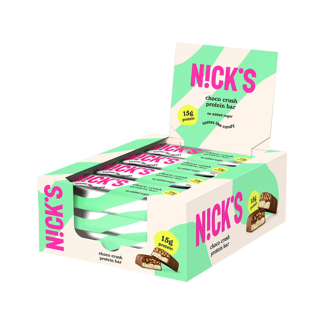 12 x NICKS Soft bar 50 g Choco Crush SUPER DEAL valko-vaaleanvihreässä laatikossa vaaleanpunaisilla yksityiskohdilla., kuva 1/1