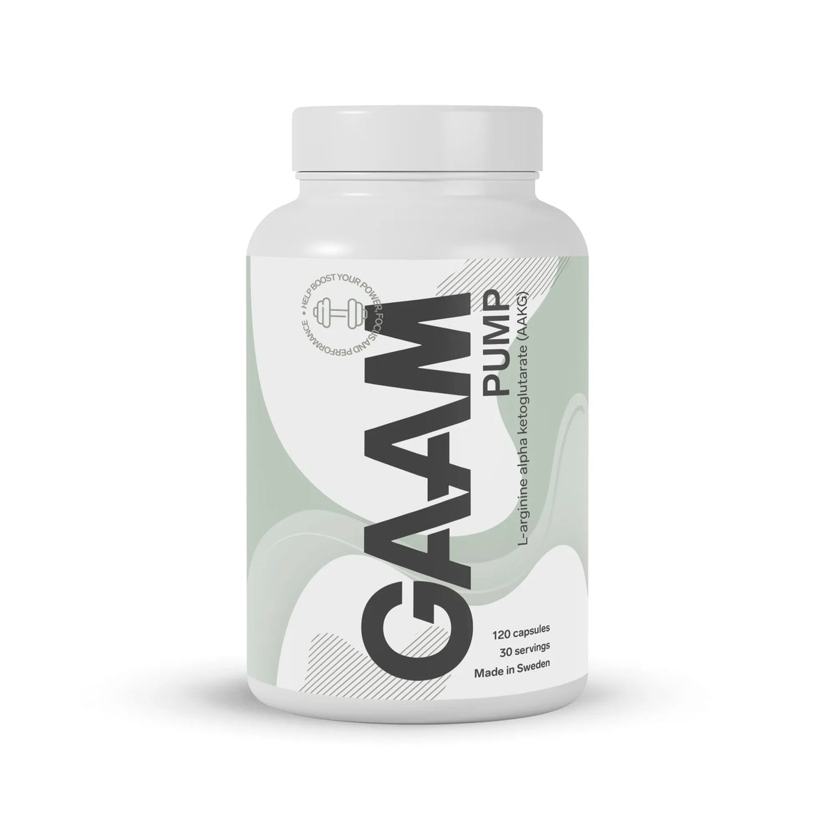 GAAM PUMP 120 caps -kofeiiniton AAKG-ravintolisä valkoisessa purkissa harmaanvihreillä yksityiskohdilla., kuva 1/1