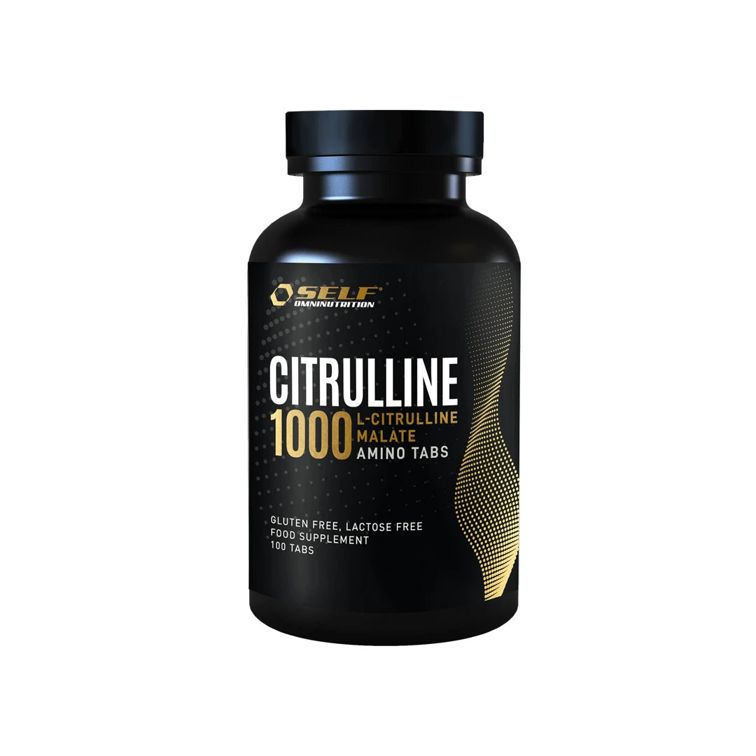Self Omninutrition Citrulline 1000 100 tabs -ravintolisä mustassa purkissa kultaisilla yksityiskohdilla., kuva 1/1
