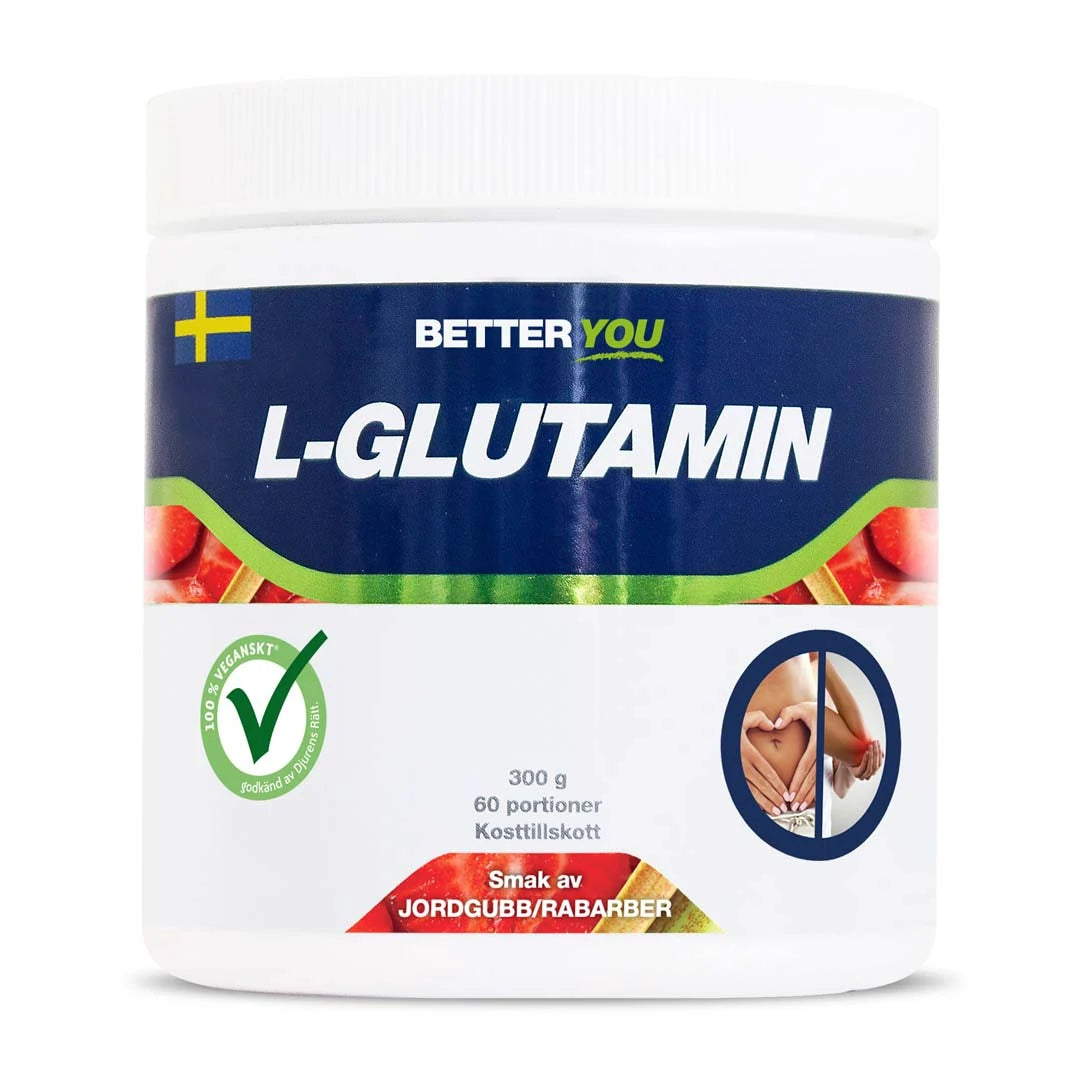 Better You Naturligt Glutamine 300 g -aminohappoja valkoisessa purkissa sinivihreällä etiketillä, makuna mansikka-raparperi., kuva 1/1