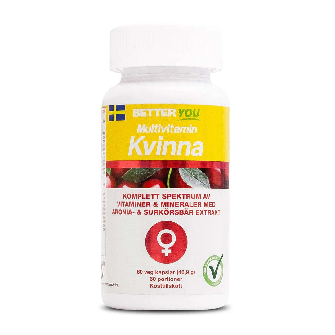 Better You Multivitamin Kvinna 60 caps -vegaanivitamiinit valkoisessa muovipurkissa, jossa on kelta-punainen etiketti., kuva 1/1