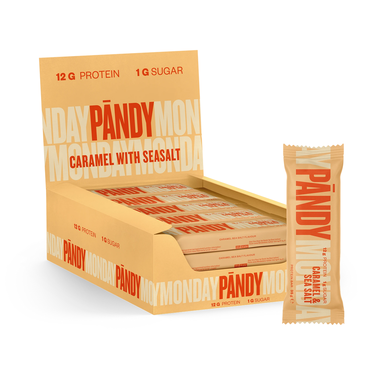 18 x Pändy Protein Bar 35 g Nougat with Hazelnut ruskeassa laatikossa, jonka edessä on vastaava proteiinipatukka., kuva 1/1