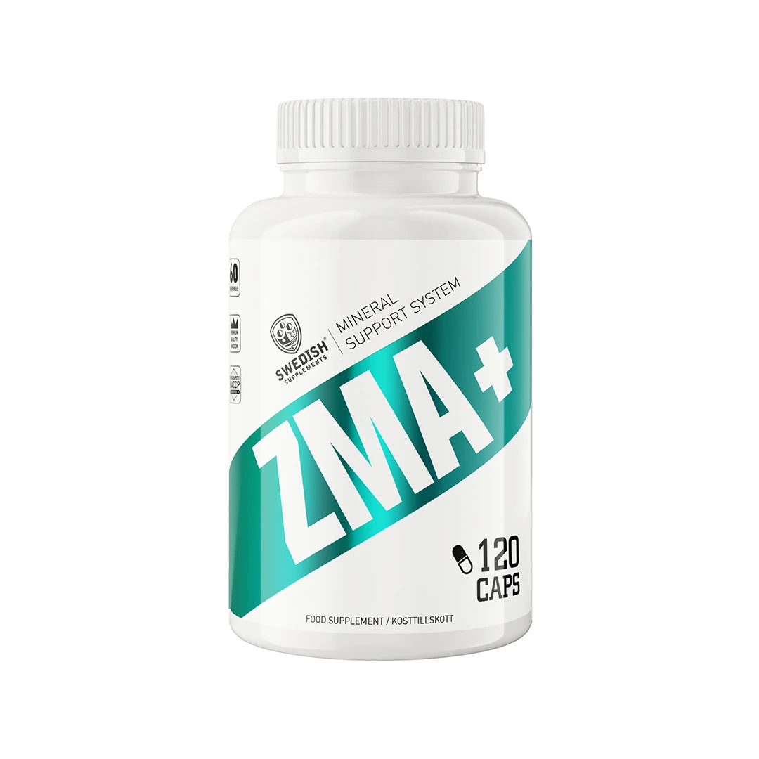 Swedish Supplements ZMA 120 caps -mineraalilisä valkoisessa muovipurkissa, jossa on turkooseja yksityiskohtia., kuva 1/1