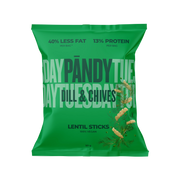 Pändy Lentil Sticks 50 g -linssisipsejä vihreässä pussissa, makuna Dill & Chives.