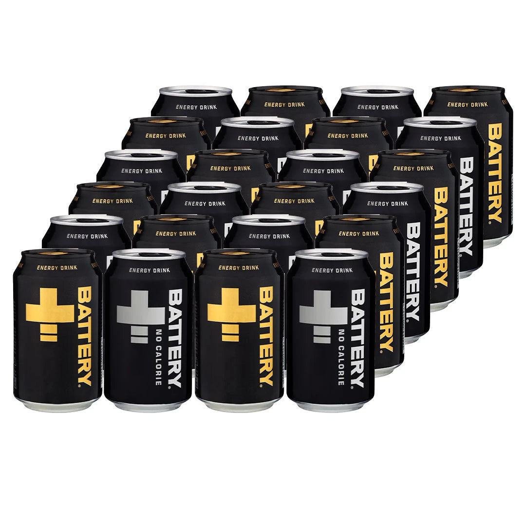 24 x Battery Energy Drink 330 ml Mixflak mustilla tölkeillä, joissa on kultaisia ja hopeisia yksityiskohtia., kuva 1/1