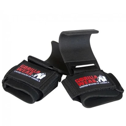 Gorilla Wear Weight Lifting Hooks Black, mustat teräksestä ja nailonista valmistetut vetokoukut pehmustetulla rannehihnalla., kuva 1/1