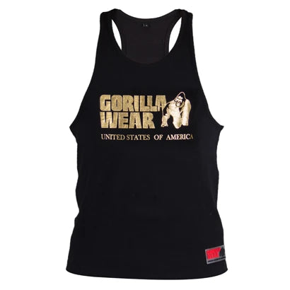 Gorilla Wear Classic Tank Top Black/Gold on musta puuvillainen painijatoppi, jossa on suuri kullanvärinen painatus edessä., kuva 2/4
