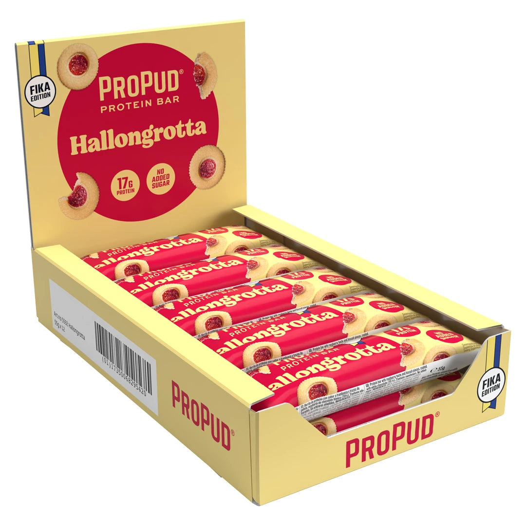 12 x NJIE Propud Proteinbar 55 g keltaisessa laatikossa punaisilla yksityiskohdilla, makuna Hallongrotta., kuva 1/1