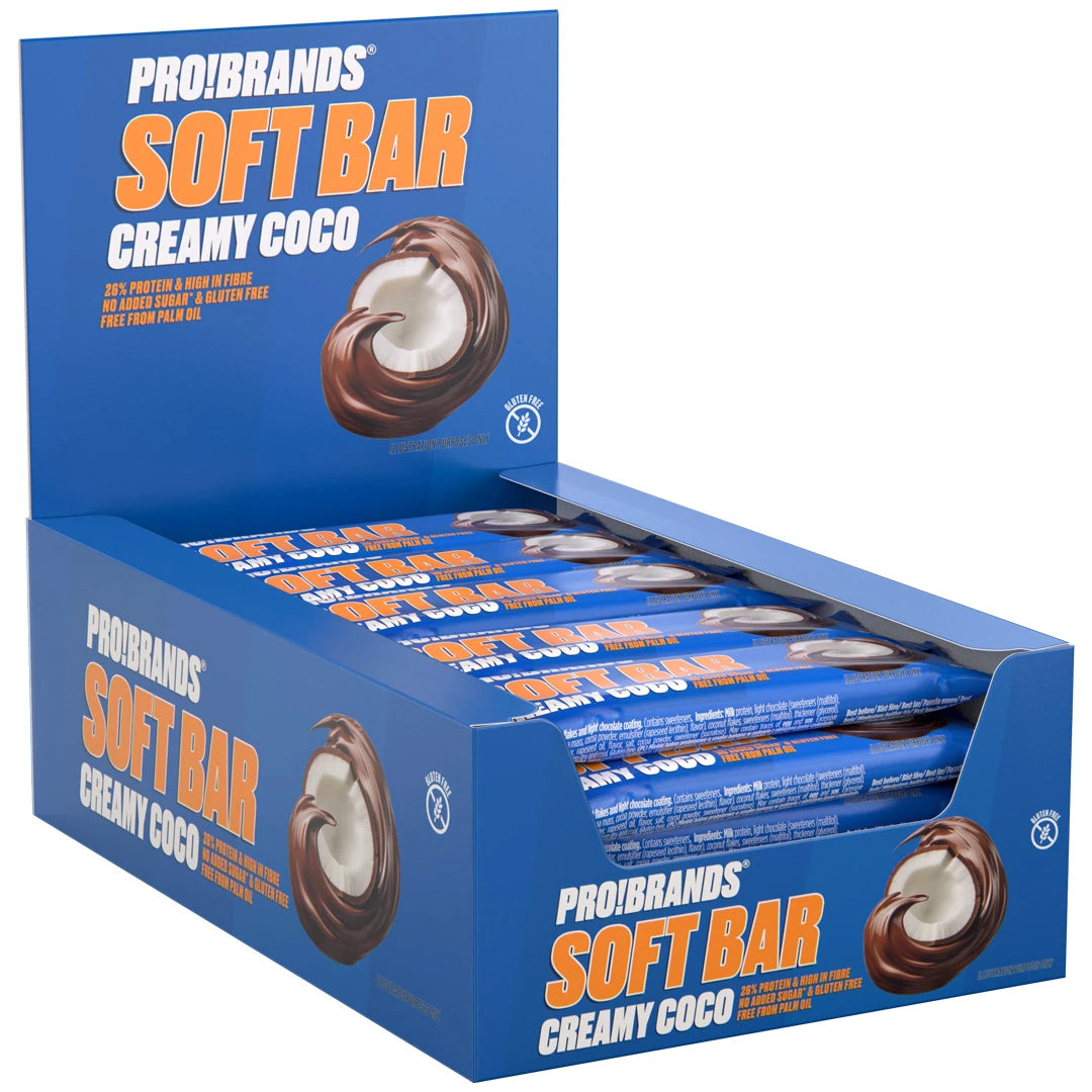 15 x Pro Brands Softbar 40 g Creamy Coco sinisessä laatikossa täynnä proteiinipatukoita sinisissä kääreissä., kuva 1/1