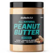 BioTechUSA Peanut Butter 1 kg läpinäkyvässä purkissa, jossa on musta etiketti ja turkoosi teksti, Crunchy-versiona.