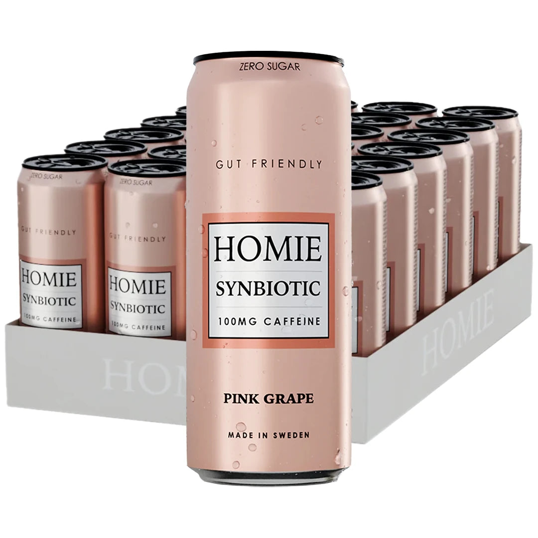 24 x Homie Wake Up Synbiotic 330 ml Pink Grapefruit valkoisessa laatikossa vaaleanpunaisilla tölkeillä., kuva 1/1