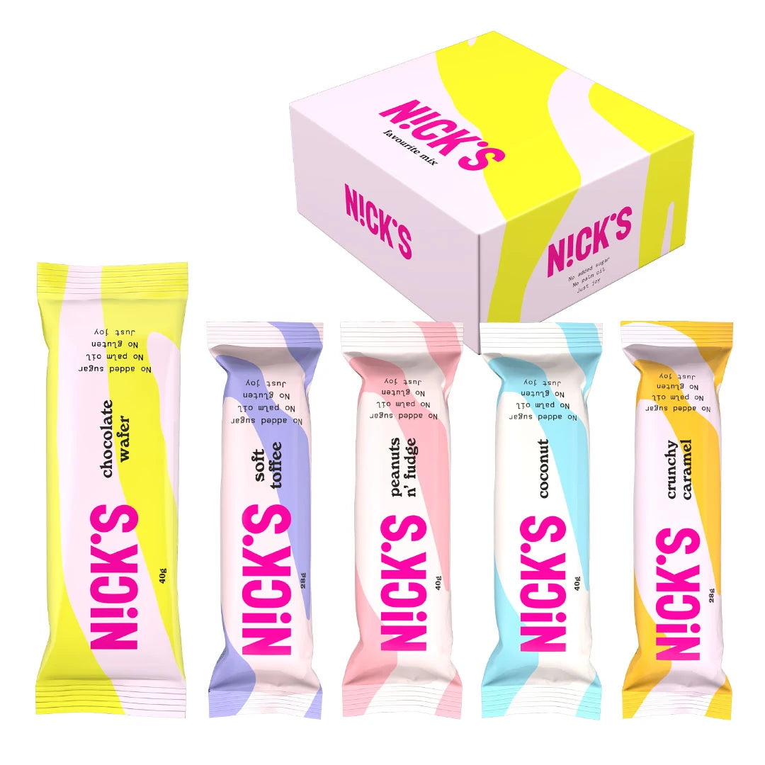 12 x Nicks Favorite Mix, värikäs laatikko erilaisia ilman lisättyä sokeria olevia suklaapatukoita., kuva 1/1