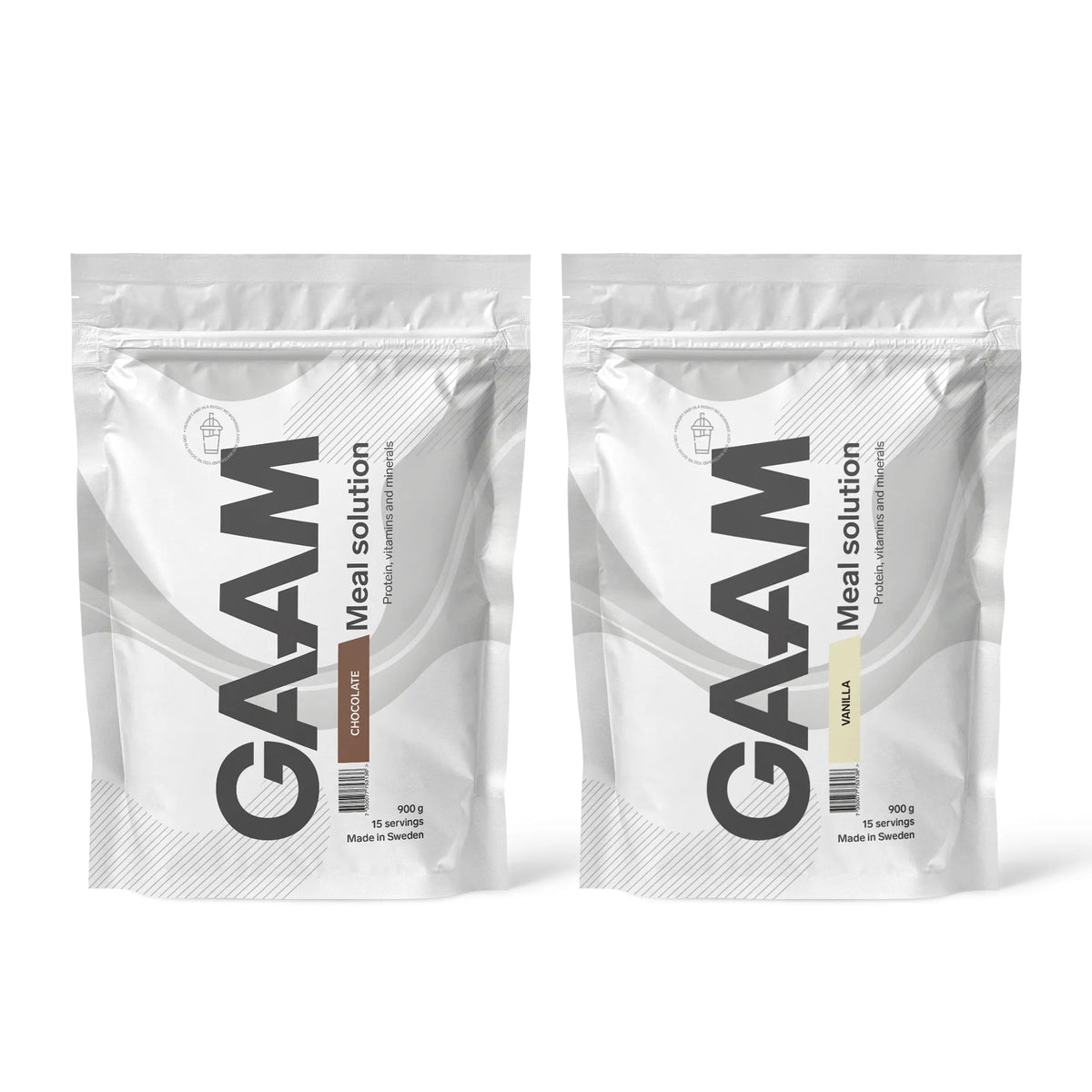 2 x GAAM Meal Solution 900 g -ateriankorvike kahdessa valkoisessa pussissa, makuna Chocolate ja Vanilla., kuva 1/1