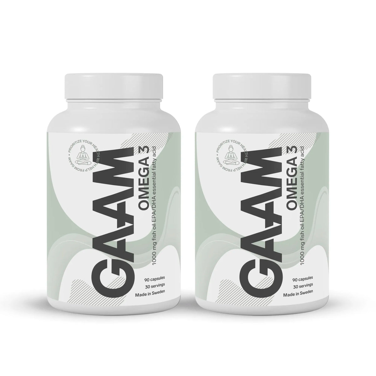 2 x GAAM Omega-3 90 caps -ravintolisä kahdessa valkoisessa purkissa, joissa on vaaleanvihreitä yksityiskohtia., kuva 1/1