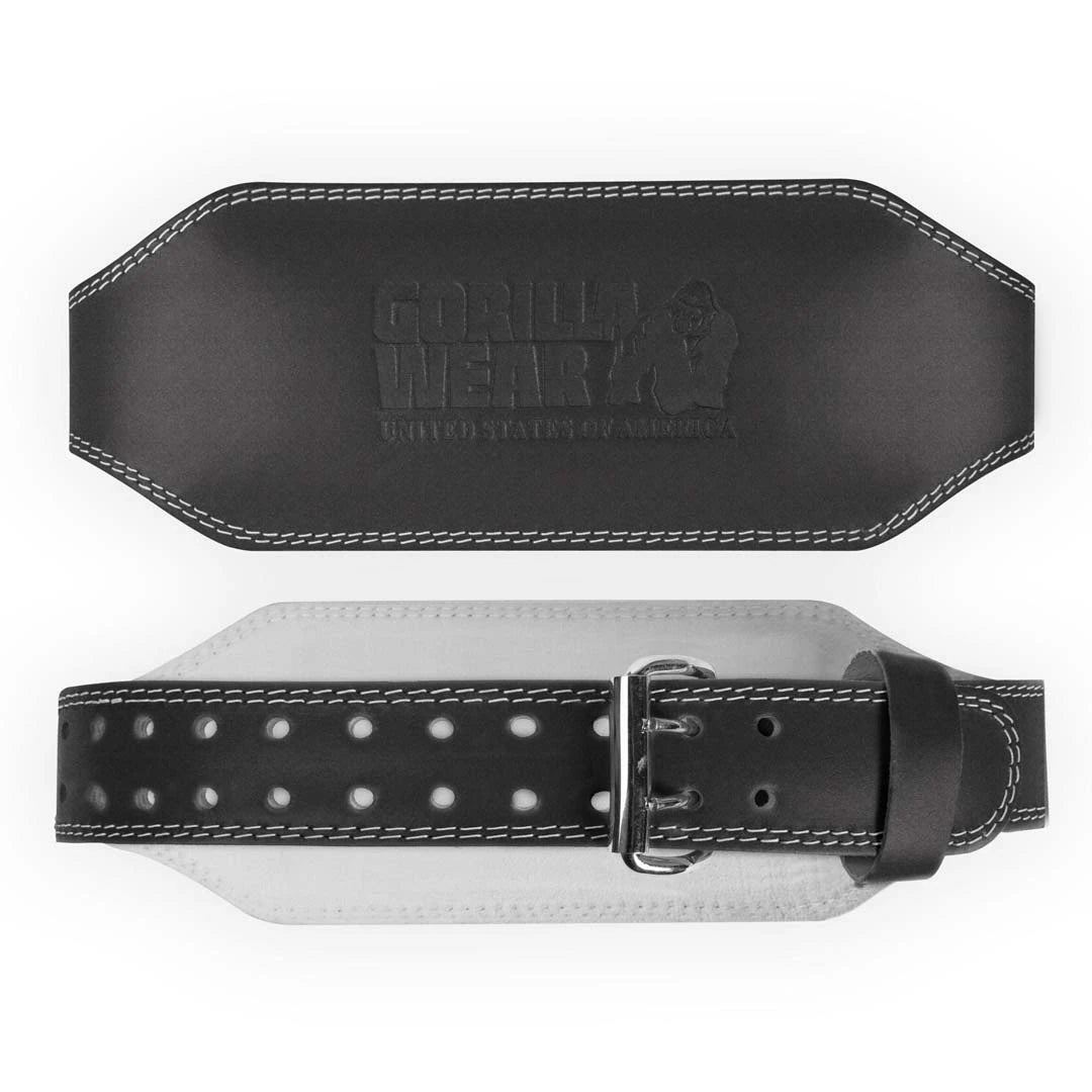 Gorilla Wear 6 Inch Padded Leather Belt Black on musta, nahkainen ja erikoisleveä treenivyö valkoisilla tikkauksilla., kuva 4/4
