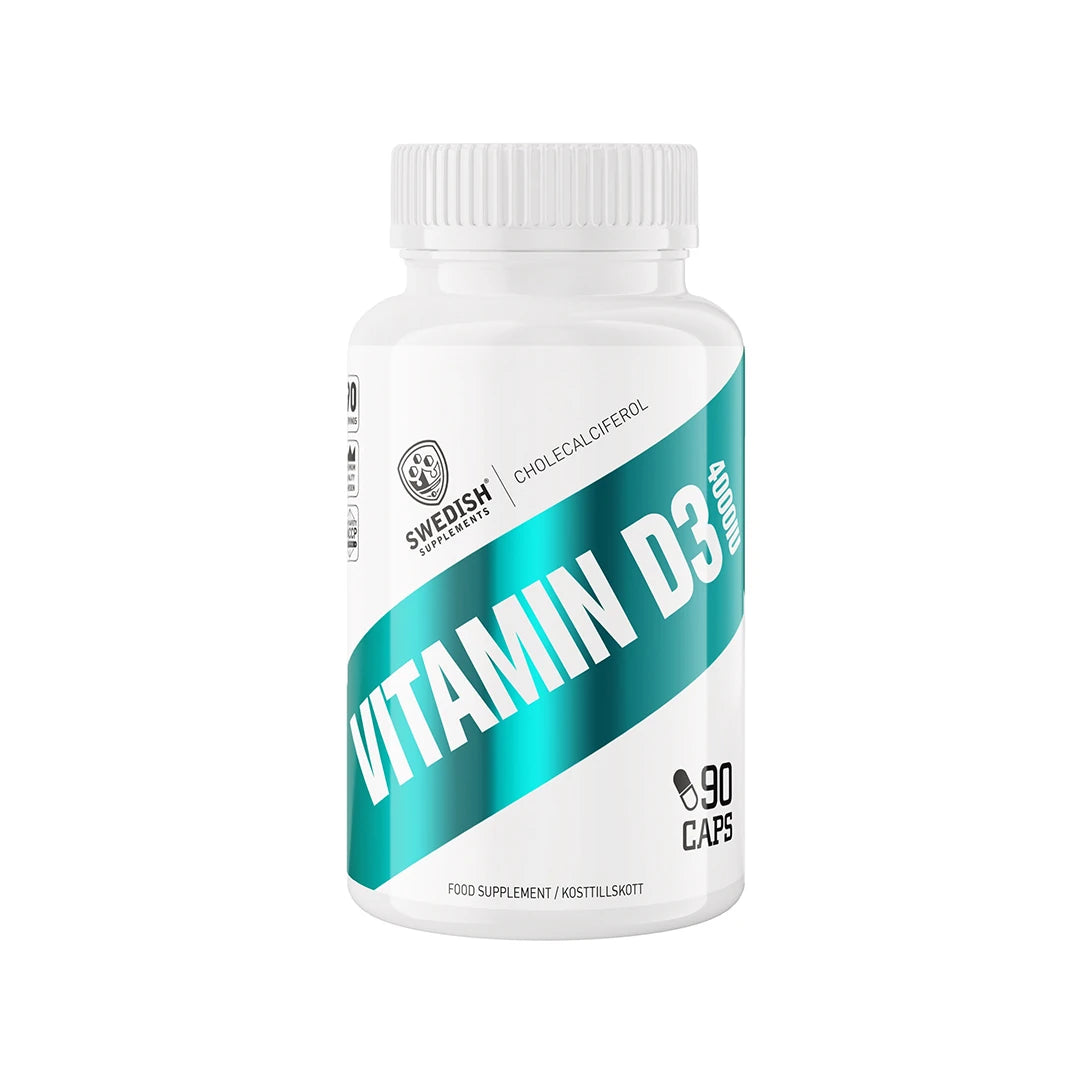 Swedish Supplements Vitamin D3 90 caps pakattuna valkoiseen purkkiin, jossa on turkooseja yksityiskohtia., kuva 1/1