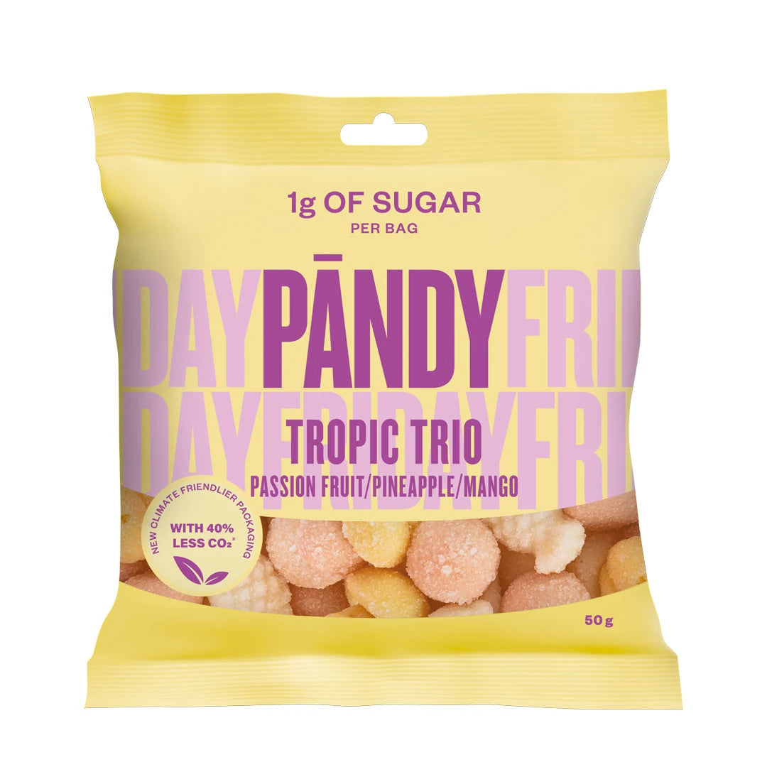 Pändy Candy 50 g Tropic Trio -hyytelömakeiset keltaisessa pussissa, jossa on violetti teksti., kuva 1/1