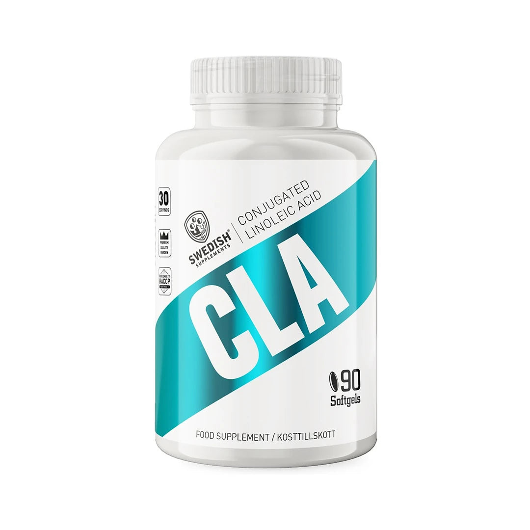 Swedish Supplements CLA 90 caps -ravintolisä valkoisessa purkissa, jossa on turkooseja yksityiskohtia ja musta teksti., kuva 1/1