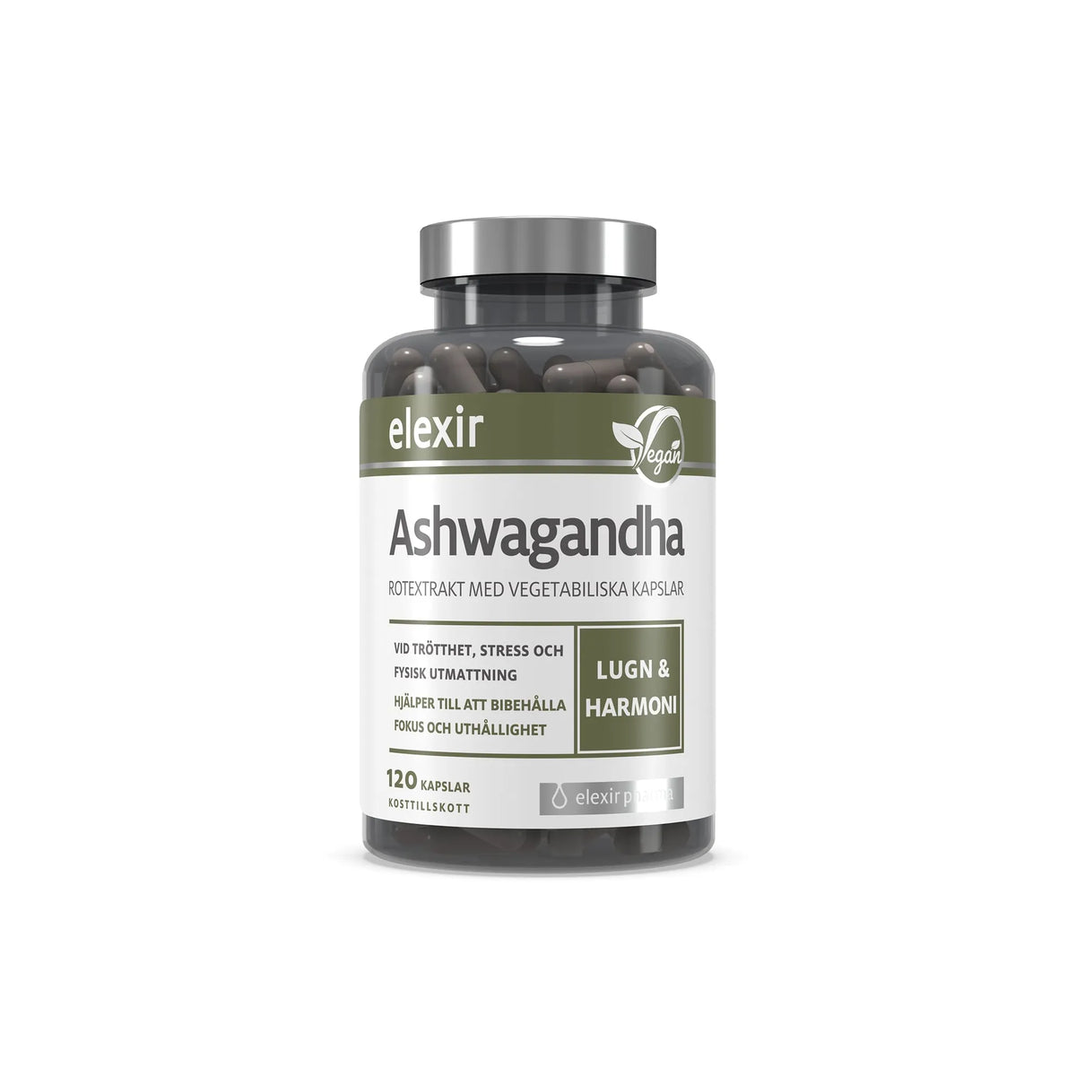 Elexir Pharma Ashwagandha 120 caps läpinäkyvässä purkissa, jossa on hopeakansi, valkovihreä etiketti ja tummia kapseleita., kuva 1/1