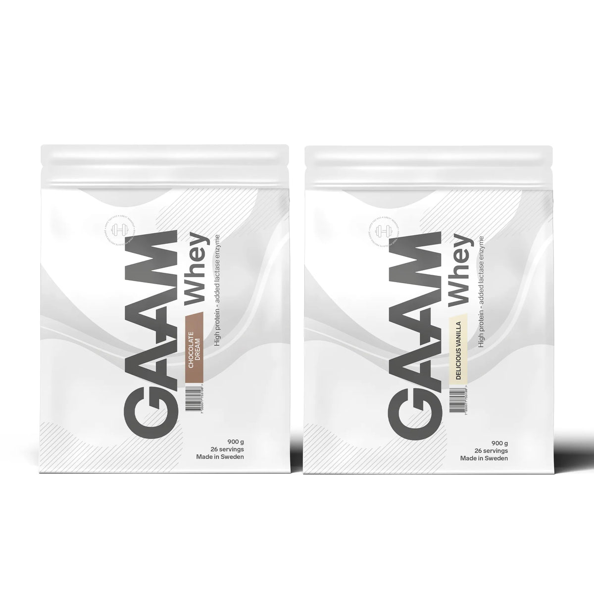 2 x GAAM Whey 900 g -proteiinijauhe kahdessa valkoisessa pussissa, makuna Chocolate Dream ja Delicious Vanilla., kuva 1/1
