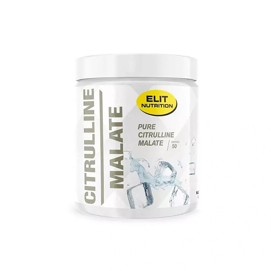 Elit Nutrition Citrulline Malate 250 g -aminohappojauhe valkoisessa purkissa, jonka etiketissä on jääkuutioita., kuva 1/1