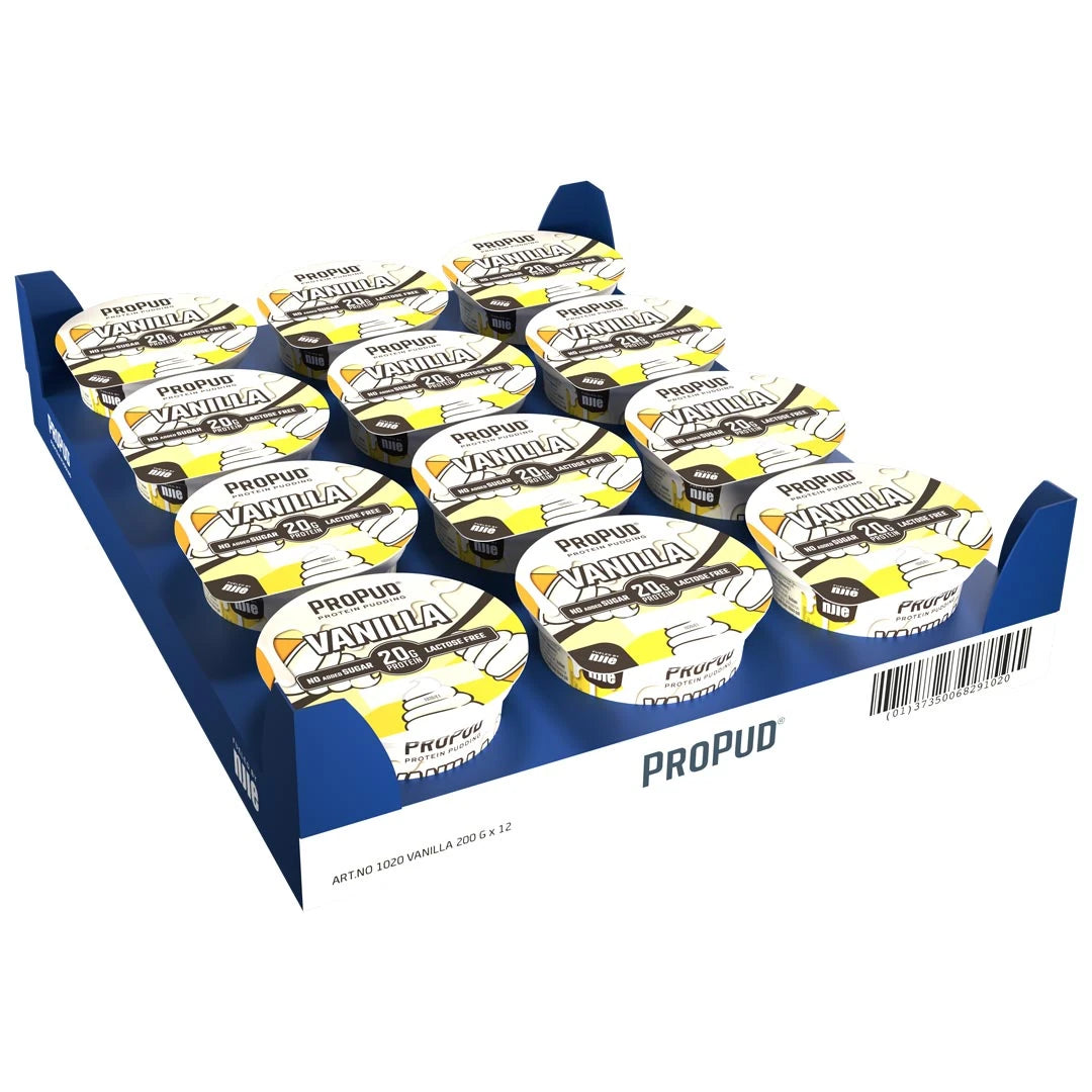 12 x NJIE ProPud 200 g Vanilla laktoositonta proteiinivanukasta valko-keltaisissa purkeissa sinisellä tarjottimella., kuva 1/1