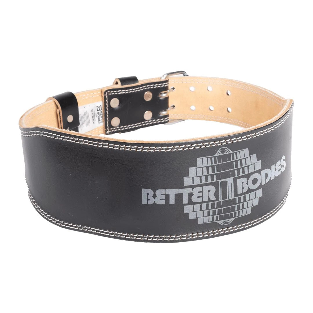 Better Bodies Weight Lifting Belt black, musta nahkavyö, vaalea mokkasisus, valkoiset tikkaukset ja harmaa logo., kuva 2/5