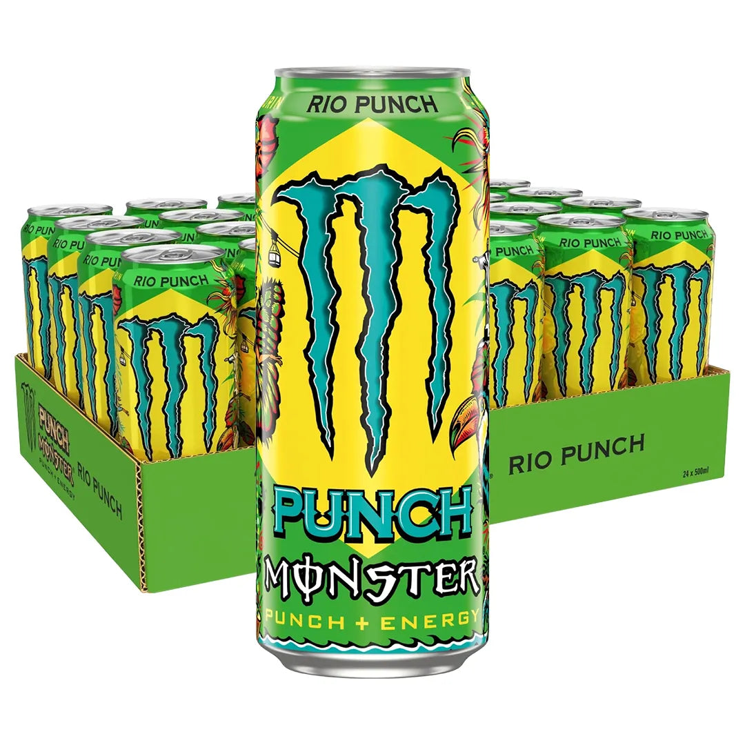 24 x Monster Energy 500 ml Juiced Rio Punch vihreässä laatikossa, jossa on keltaisia ja vihreitä tölkkejä., kuva 1/1