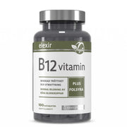 Elexir Pharma B12 Vitamin 100 tabs tummassa purkissa, jossa on hopeakansi ja valkoinen etiketti vihrein yksityiskohdin.