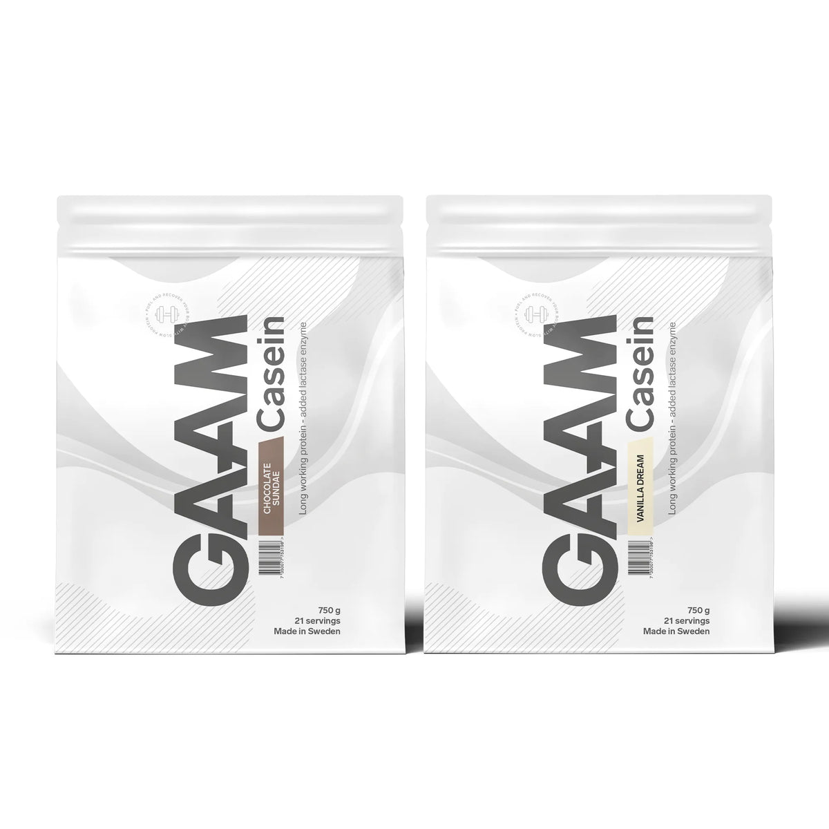 2 x GAAM Casein Kaseinprotein 750 g kahdessa valkoisessa pussissa, joissa on harmaita yksityiskohtia, makuina Chocolate Sundae ja Vanilla Dream., kuva 1/1