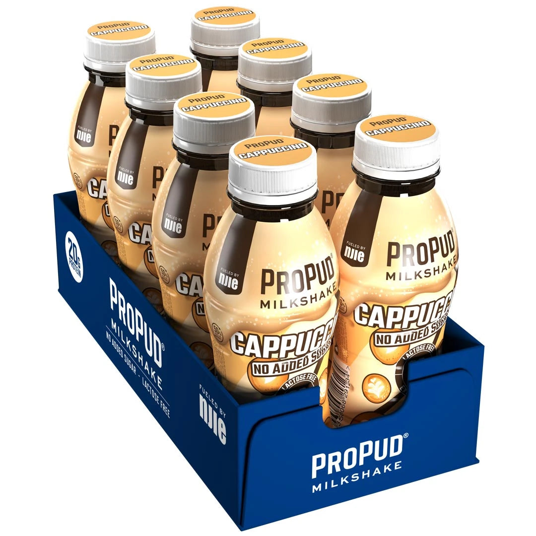8 x NJIE ProPud Protein Milkshake 330 ml Cappuccino tummansinisessä laatikossa, jossa on 8 vaaleanruskeaa pulloa., kuva 1/1