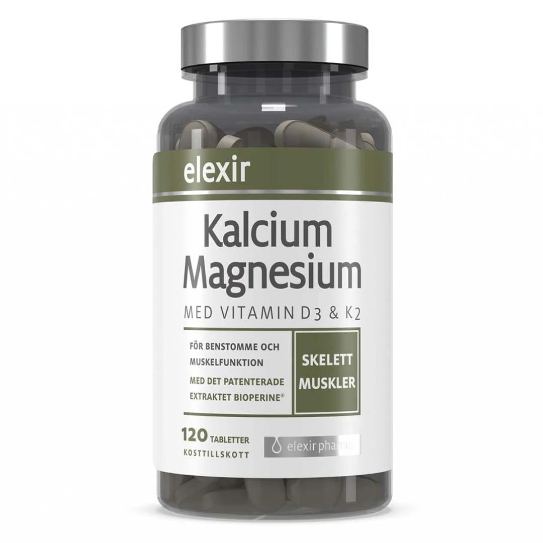 Elexir Pharma Kalsium &amp; Magnesium 120 tabs läpinäkyvässä purkissa, jossa on valkoinen ja vihreä etiketti sekä hopea kansi., kuva 1/1