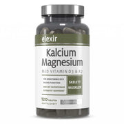 Elexir Pharma Kalcium & Magnesium 120 tabs i en transparent burk med vit och grön etikett och ett silverfärgat lock.