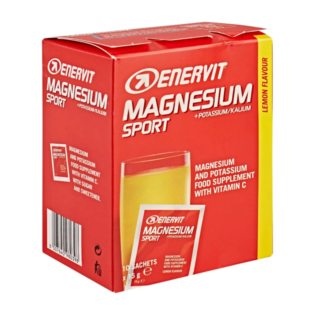 Sitruunanmakuinen ENERVIT Magnesium Sport Mineral Dryck 10 x 15 g -ravintolisä punakeltaisessa kartonkipakkauksessa., kuva 1/1