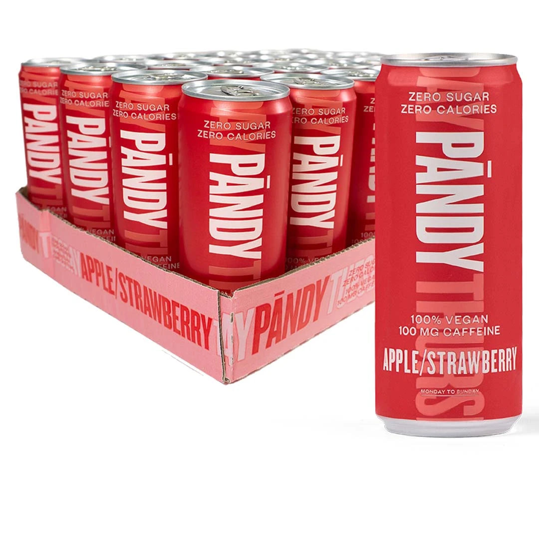 24 x Pändy Soda Energy Drink 330 ml Apple Strawberry vaaleanpunaisella lavalla, joka on täynnä punaisia tölkkejä., kuva 1/1