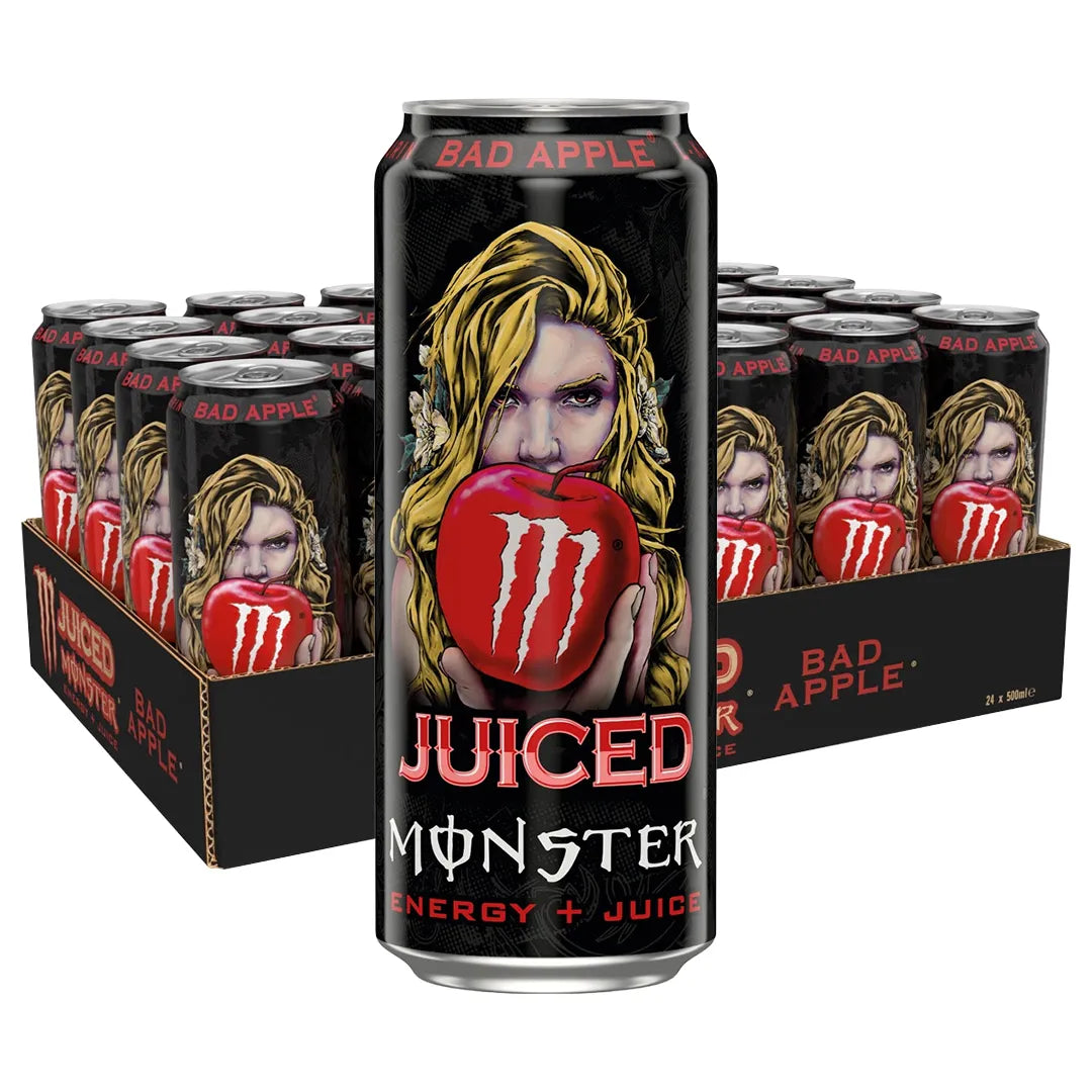 24 x Monster Energy 500 ml Juiced Bad Apple mustassa laatikossa, jossa on mustia tölkkejä punaisella omenakuviolla., kuva 1/1