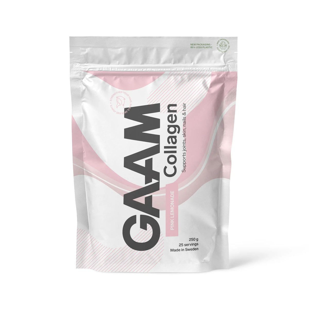GAAM Collagen 250 g -kollageenijauhe valkoisessa pussissa vaaleanpunaisilla yksityiskohdilla, makuna Pink Lemonade., kuva 1/4