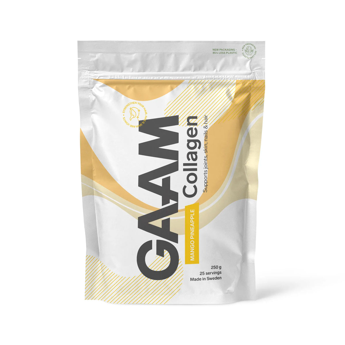 GAAM Collagen 250 g -kollageenijauhe valkoisessa pussissa keltaisilla yksityiskohdilla, makuna Mango Pineapple., kuva 2/4