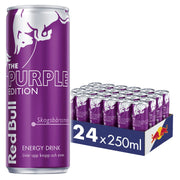 24 x Red Bull Energiajuoma 250 ml Purple Edition Metsämarja sinisessä laatikossa, liloja tölkkejä.