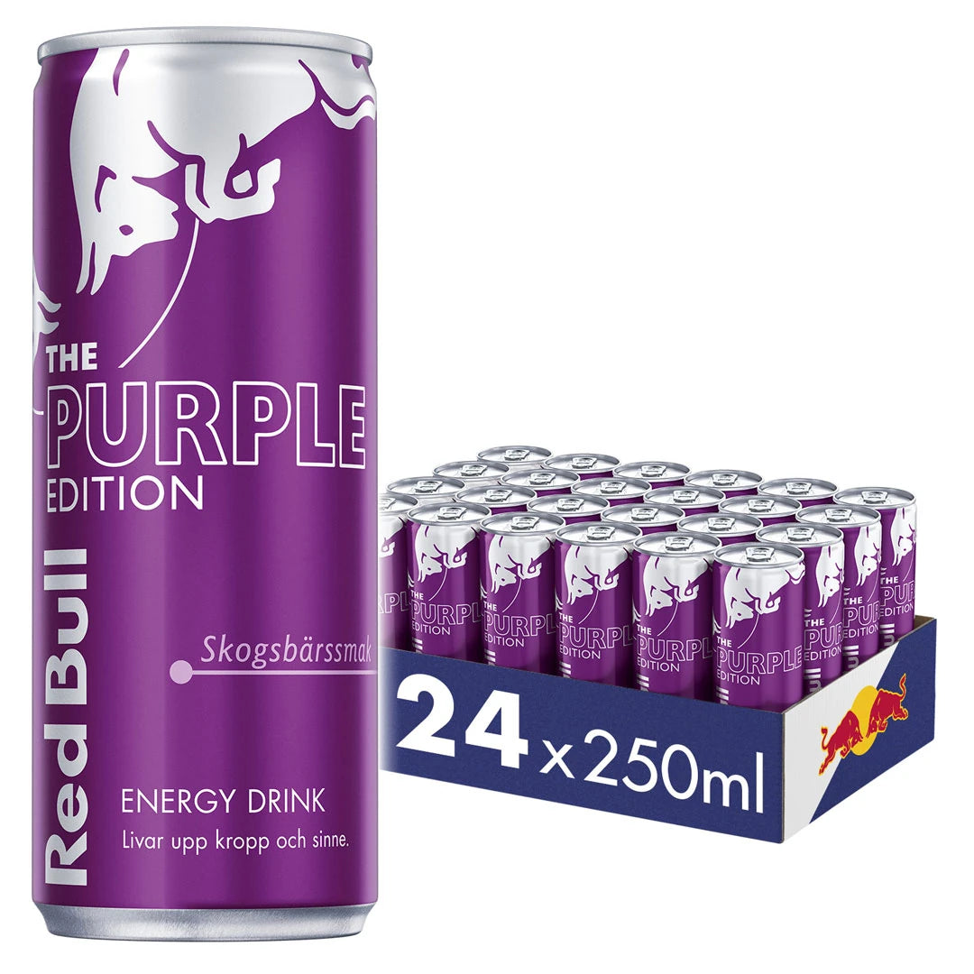 24 x Red Bull Energidryck 250 ml Purple Edition - Skogsbär i ett blått flak med lila burkar och silverdetaljer., bild 1 av 1
