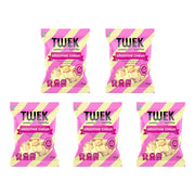 5 x Tweek Sweets 70 g Smoothie Chews i rosa och gulrandiga påsar med fönster som visar godiset.